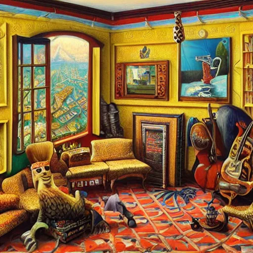 Image similar to a painting of a living room, a surrealist painting by jacek yerka, cgsociety, fantastic realism, maximalist, surrealist, detailed painting