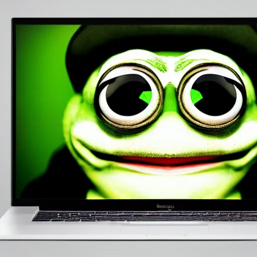 Image similar to closeup potrait of pepe frog behind a laptop in a dark room, screen light, sharp, detailed face, magazine, press, photo, Steve McCurry, David Lazar, Canon, Nikon, focus