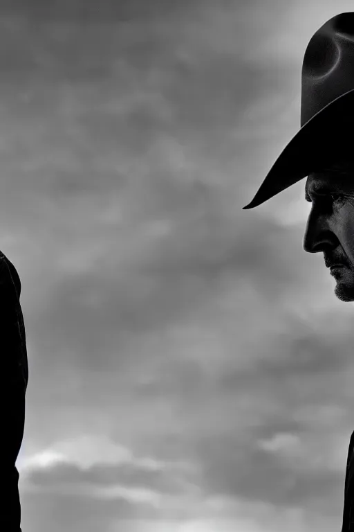 Image similar to cinematic of liam neeson cowboy, dramatic, moody lighting