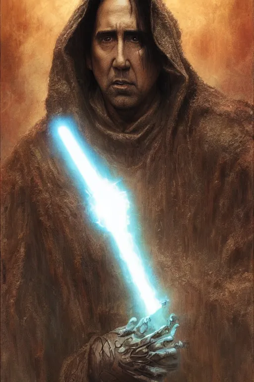 Image similar to Nicholas Cage Sith Lord, star wars, dark fantasy, intricate, highly detailed, smooth, artstation, painted by Wayne Barlowe, Greg Rutkowski, zdislav beksinski, Francis Bacon