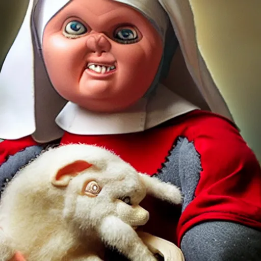 Prompt: a nun in church holding chucky the demonic evil killer doll on her lap