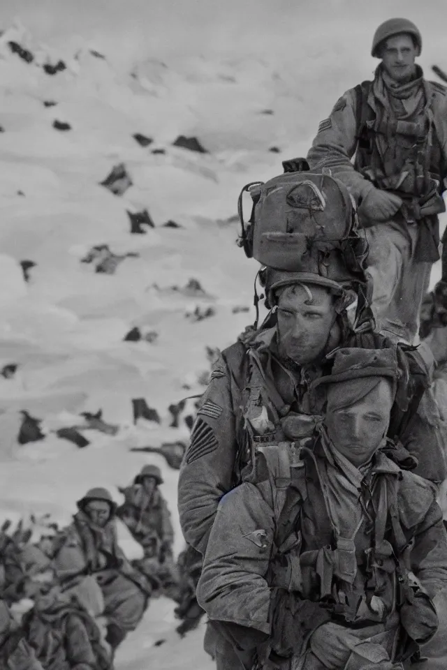 Image similar to a portrait of ww 2 american soldiers entering agartha from antarctica, realistic, highly detailed, fantasy, early 2 1 st century film quality, b & w, 4 k