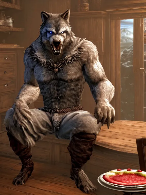 Image similar to cute!!! handsome cuddly burly surly relaxed calm timid werewolf from van helsing sitting down at the breakfast table in the kitchen of a normal country home cooking having fun lighthearted whimsy baking strawberry tart cakes unreal engine hyperreallistic render 8k character concept art masterpiece screenshot from the video game the Elder Scrolls V: Skyrim