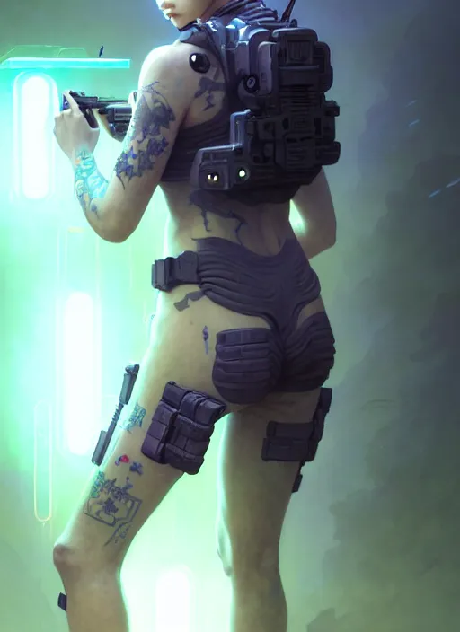 Image similar to girl covered with tattoos wearing tactical gear, intricate lights, bio luminescent, plasma, by ruan jia and artgerm and range murata and wlop and ross tran and william - adolphe bouguereau and beeple. key art. fantasy illustration. award winning, artstation, intricate details, realistic, hyperdetailed, 8 k resolution.