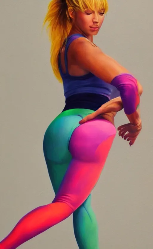 Prompt: beautiful detailed photorealistic painting of a woman with a wide stance in yoga pants. doing the splits. vibrant, high quality, vibrant colors, very funny, beautiful, hq. hd. 4 k. award winning. trending on artstation