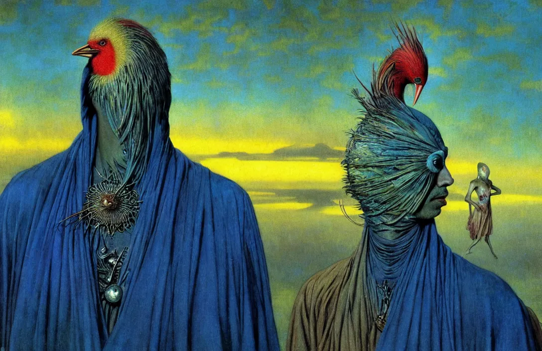 Image similar to realistic detailed portrait movie shot of a birdman wearing dark ragged robes, sci fi city sunset landscape background by denis villeneuve, amano, yves tanguy, alphonse mucha, ernst haeckel, max ernst, roger dean, masterpiece, rich moody colours, bird head, blue eyes