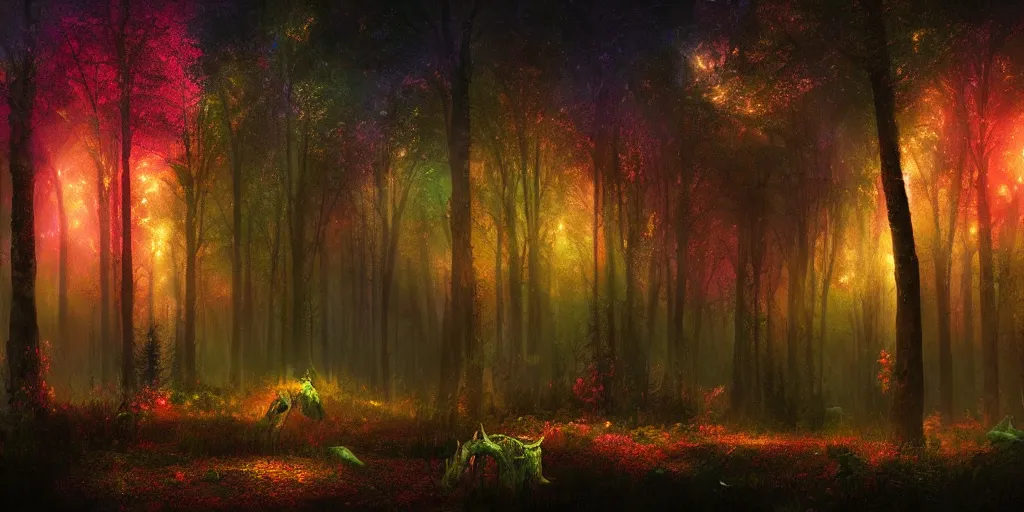 Image similar to beautiful matte painting of a colorful fantasy dark forest at night