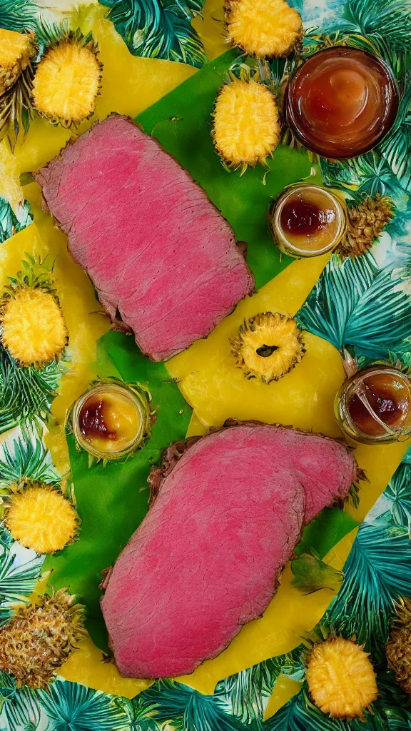 Prompt: 6 0 s food photography of a slab of roast beef, covered in jelly and pineapples, tropical vibes, on a velvet table cloth, soft focus