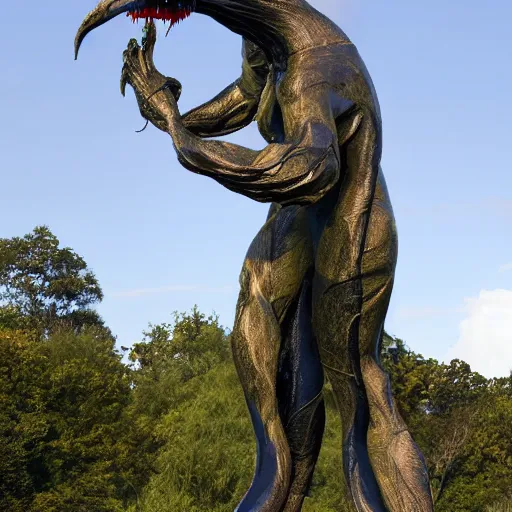 Prompt: A beautiful sculpture of a large, looming creature with a long, snake-like body. The creature has many large, sharp teeth, and its eyes glow a eerie green. It is wrapped around a large tree, which is bent and broken under the creature's weight. There is a small figure in the foreground, clutching a sword, which is dwarfed by the size of the creature. 2010s, intarsia inlay by Hayao Miyazaki, by Amy Sillman funereal