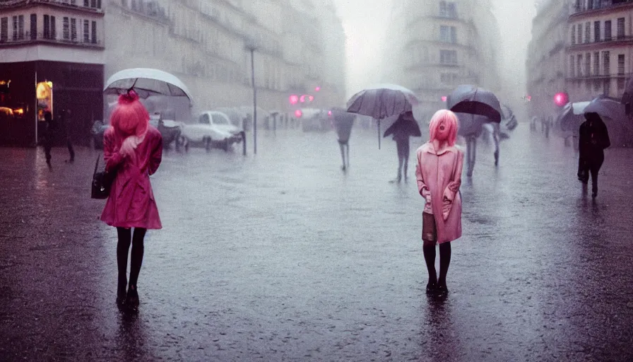 Image similar to street of paris photography, night, rain, mist, a girl with pink hair, cinestill 8 0 0 t, in the style of william eggleston