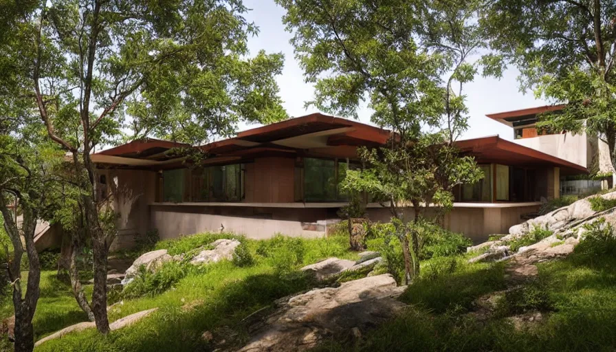 Prompt: modern house with courtyard, tibetan inspired architecture, on a green hill between trees and big boulders, frank lloyd wright, photorealistic, cyberpunk