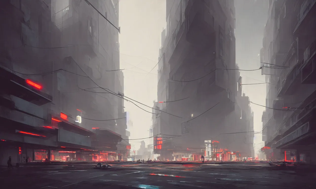 Prompt: streetscape, simple brutalist architecture, white neon lights, neon signs, flying vehicles, pedestrians, greg rutkowski, syd mead, ralph mcquarrie, concept art, matte painting, finely detailed, minimal artifacts, rule of thirds, dynamic lighting, cinematic, denoised, centered, artstation