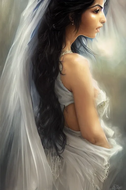 Image similar to back portrait of Ameera al-Taweel, blue eyes, long wavy black hair, fierce look, white veil, closeup, focus face, elegant, highly detailed, centered, digital painting, artstation, concept art, art by artgerm and donato giancola and Joseph Christian Leyendecker, Ross Tran, WLOP