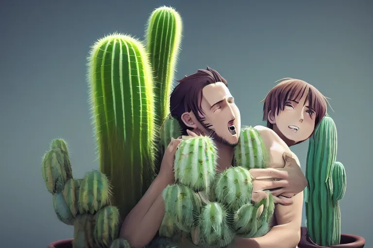 Image similar to beautiful anime of harry kane hugging a tall cactus, highly detailed, realistic, dynamic lighting, octane render, cinematic, masterpiece, trending on artstation,