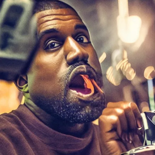 Image similar to blurry, gopro footage of kanye west eating at taco bell, cinematic, volumetric lighting, night, rain