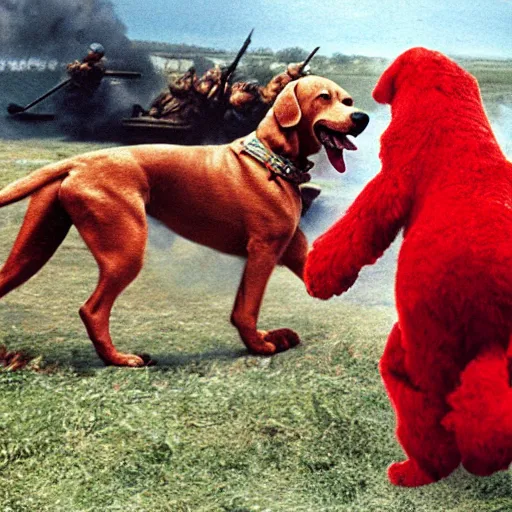 Prompt: clifford the big red dog invading at the battle of normandy, historical photo