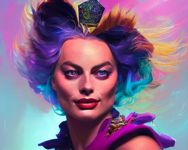 Image similar to margot robbie as a beautiful magician casting colorful spells, fantasy art, in the style of Fernando Juarez, illustration, epic art, fantasy, intricate, elgant, amazing detail, digital painting, artstation, concept art, smooth, sharp focus