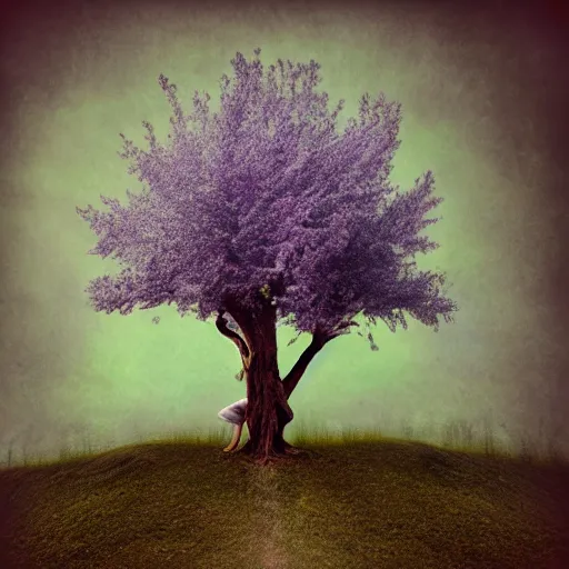 Image similar to tree monster in a beautiful meadow as the eye fairy princess in saturation color scheme, grey, lavender, burnt the new world tintype macro macro earth