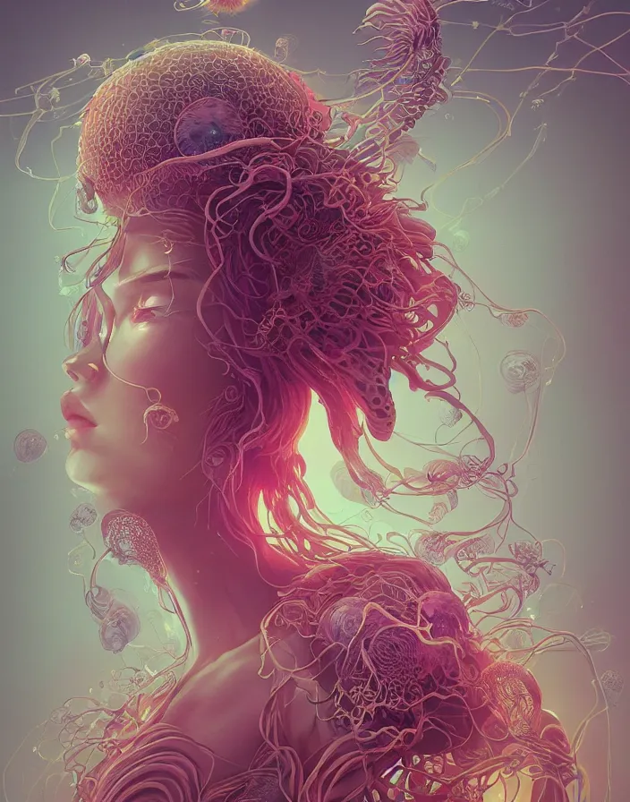 Image similar to goddess portrait. jellyfish orchid phoenix head. intricate artwork by Tooth Wu and wlop and beeple and dan mumford. octane render, trending on artstation, greg rutkowski very coherent symmetrical artwork. cinematic, hyper realism, high detail, octane render, 8k, depth of field, bokeh