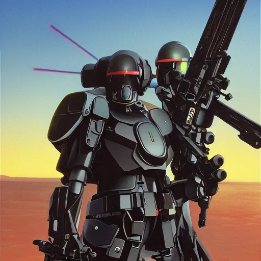 Prompt: pitch black gunpla droids kenku sniper. neon goggles. anthropomorphic black bird beak. torso. odst raven beak helmet, science fiction, portrait by donato giancola and greg rutkowski and wayne barlow. oil on canvas. 1 9 7 8 cover. top all time r / imaginarycyberpunk.