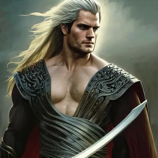 Prompt: Henry Cavill as Sephiroth wielding a katana, western, D&D, fantasy, intricate, elegant, highly detailed, digital painting, artstation, concept art, matte, sharp focus, illustration, art by Artgerm and Greg Rutkowski and Alphonse Mucha