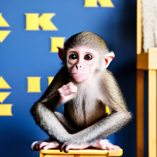 Prompt: little monkey sitting on a ikea stool