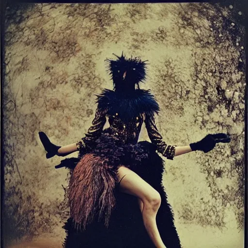 Image similar to damaged kodak portra 4 0 0, wetplate, photo of a surreal artsy dream scene,, very beautiful model, weird fashion, grotesque, extravagant dress, strange pose, carneval, with an animal, wtf, photographed by paolo roversi style