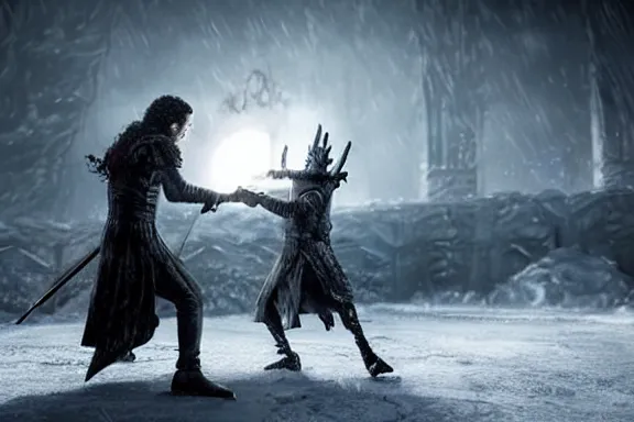 Image similar to very very intricate photorealistic photo of jon snow fighting the night king, photo is in focus with detailed atmospheric lighting, award - winning details