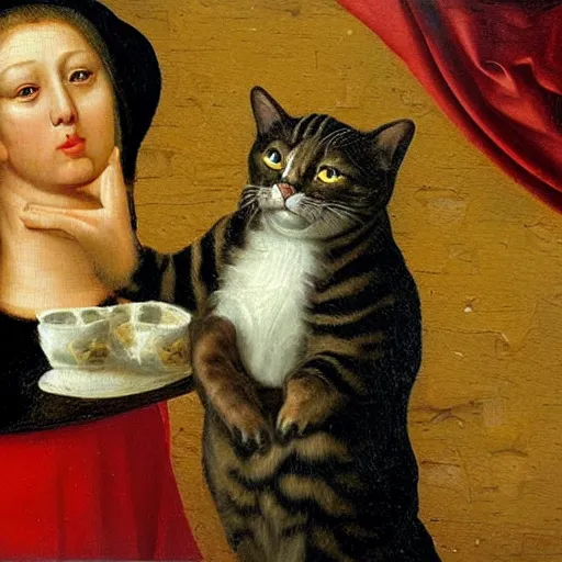 Prompt: a renaissance oil painting of a cat eating a cheeseburger