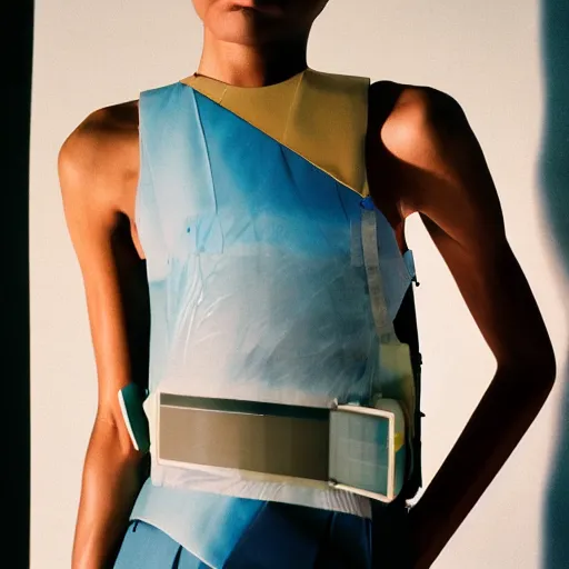 Image similar to realistic photoshooting for a new issey miyake lookbook, color film photography, portrait of a beautiful woman, model is wearing techtical vest, photo in style of tyler mitchell, 3 5 mm,