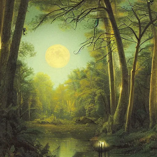 Prompt: forest of extremely very tall trees, wispy leaves, moonlit night, fireflies, by asher brown durand, by iyoshitaka amano