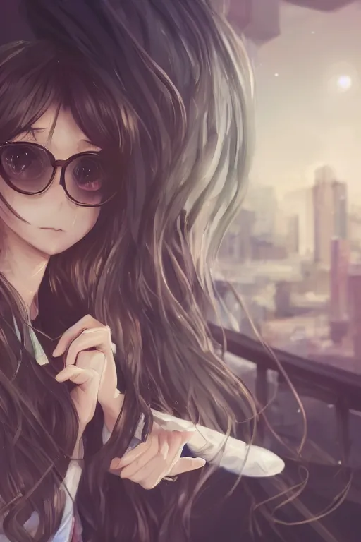 Prompt: anime girl with long curly brown hair wearing round glasses and school uniform, tokyo background, aesthetic, wlop, digital painting, trending on artstation, highly detailed, epic composition, official media, 8 k uhd