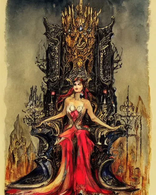 Image similar to an illustration of a dark queen on a throne at night by marc davis and by gustave moreau, realistic, gouache, painting