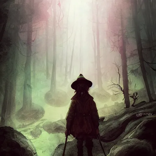 Image similar to snufkin in hell as character from elden ring in style of elden ring, digital illustration portrait design, by android jones and greg rutkowski, retrowave color scheme, detailed, cinematic lighting, wide angle action dynamic portrait