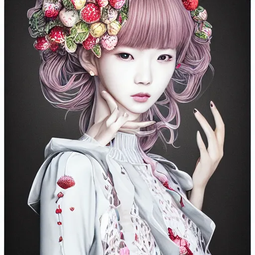 Image similar to the portrait of an absurdly beautiful, graceful, elegant, sophisticated, fashionable young kpop idol made of strawberries and white petals, an ultrafine hyperdetailed illustration by kim jung gi, irakli nadar, intricate linework, bright colors, octopath traveler, final fantasy, unreal engine 5 highly rendered, global illumination, radiant light, detailed and intricate environment