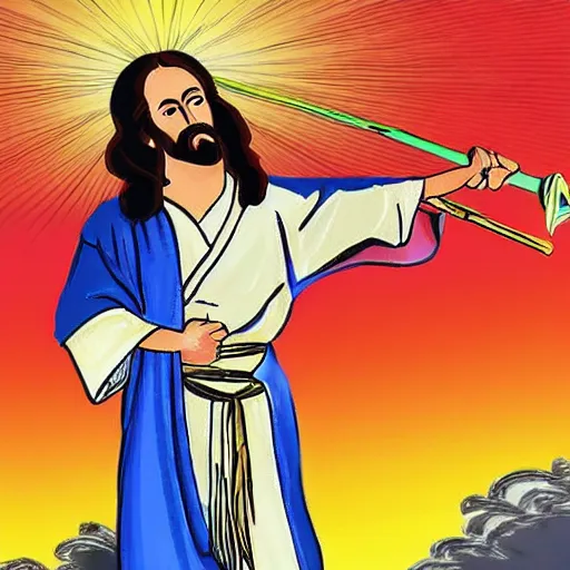 Image similar to jesus in a kimono swinging his sword and making a fire wave on the hill, artistic, hyper realistic, full hd, good lights