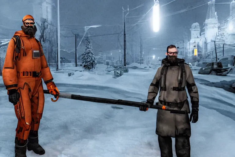 Image similar to Gordon Freeman from Half-Life 2 in real life walking through the dark Russian winter streets with a crowbar in his hands 8K realistic