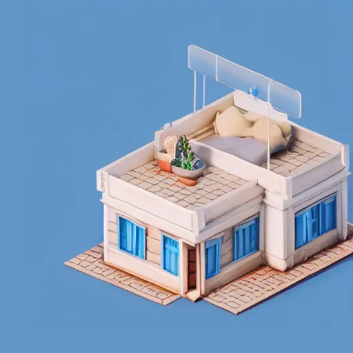 Prompt: cute chubby house, mobile game 3 d render, minimalistic, octane, 1 0 0 mm, depth of field, isometric, blue background