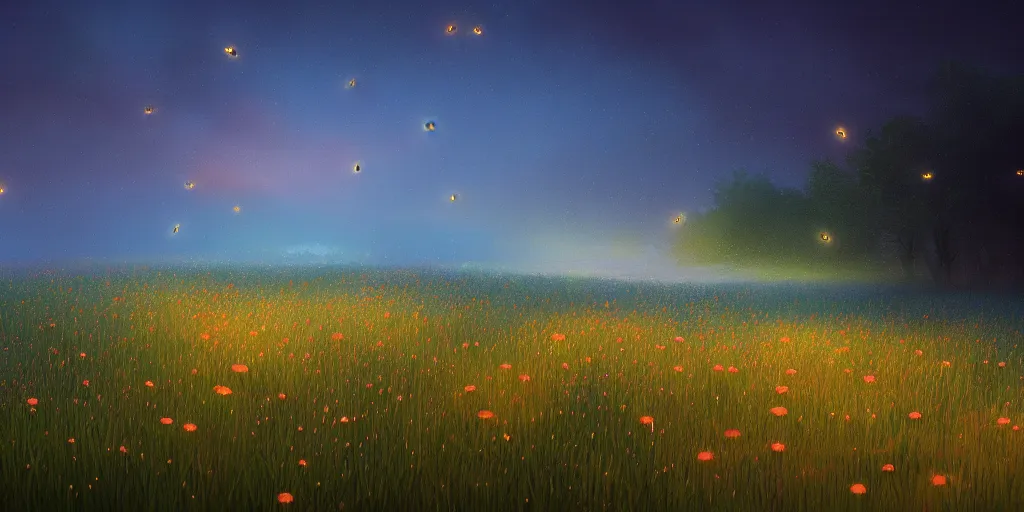 Image similar to fireflies in a vast ocean inspired by Evgeny Lushpin,flower meadow,spring,cinematic,trending on ArtStation