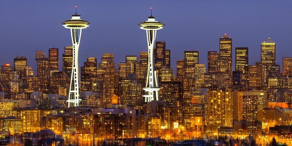 Prompt: downtown Seattle at night, including The Space Needle, 4k, by VanGogh