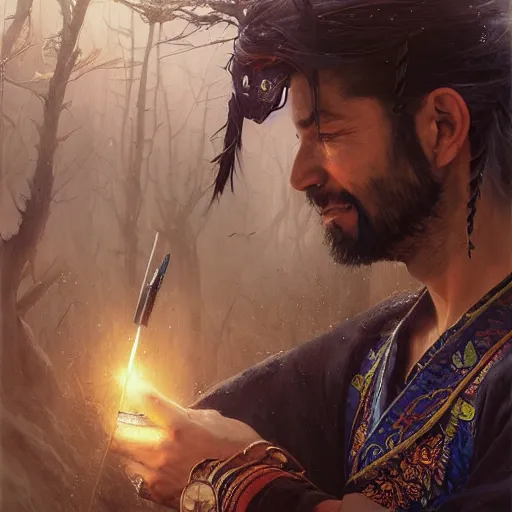 Image similar to Hyper realistic detailed portrait of a Kurdish samurai, Stephen Bliss, unreal engine, fantasy art by Greg Rutkowski, Loish, Rhads, ferdinand knab, Makoto Shinkai and Lois van baarle, ilya kuvshinov, rossdraws, Tom Bagshaw, alphonse mucha, global illumination, radiant light, detailed and intricate environment, highly detailed, award winning art