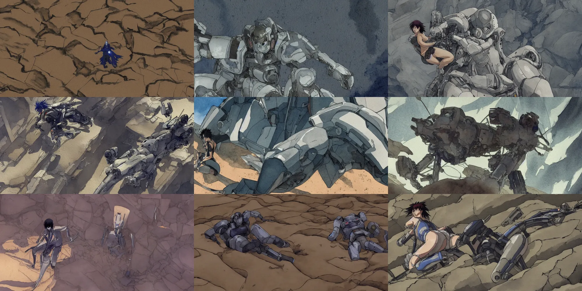 Prompt: incredible high angle screenshot, simple watercolor, masamune shirow ghost in the shell movie scene close up broken Kusanagi, uncovering a rusting robot ribcage and spine poking out of sand dunes, in the desert, crazy looking rocks, chasm, death vally, cracks, brown mud, dust, impossible geometry, falling apart, take cover, bullet holes,last man standing, memorable scene, red, blue, orange, laughing, smiling, pretty eyes, cool hair, melting, danger, death, chaos, bodies on the ground, heavy fog, pipes, metalic reflections, refraction, bounce light, phil hale, Yoji Shinkawa, bright rim light, hd, 4k, remaster, dynamic camera angle, deep 3 point perspective, fish eye, dynamic scene