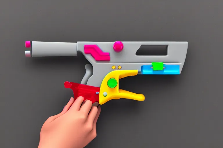 Image similar to product photo of toy hand gun made by fisher price, colorful plastic, high quality, intricate detail, realistic textures, octane render, unreal engine 5, hyperrealism