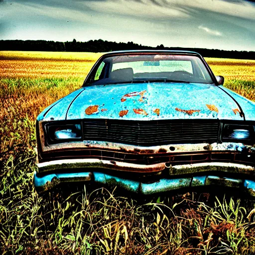 Prompt: A photograph of a rusty, worn out, broken down, decrepit, run down, dingy, faded, chipped paint, tattered, beater 1976 Denim Blue Dodge Aspen in a farm field, photo taken in 1989