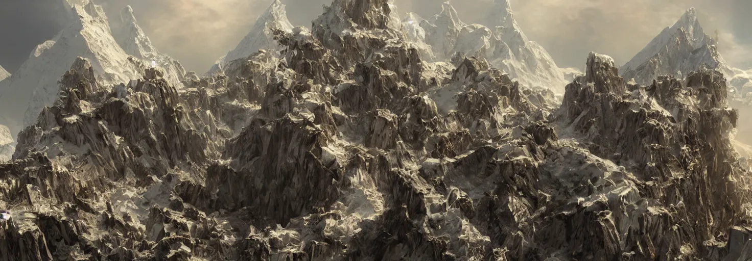 Prompt: intricate crystallographic citadel structure architecture on top of the himalayas over a cloudscapes, by albert bierstadt, by glen small, realism, photorealism, octane render, unreal engine, volumetric light, depth of field, volumetric clouds, god rays, lens flares, detailed, intricate, digital art, deviant art, mandelbulb 3 d