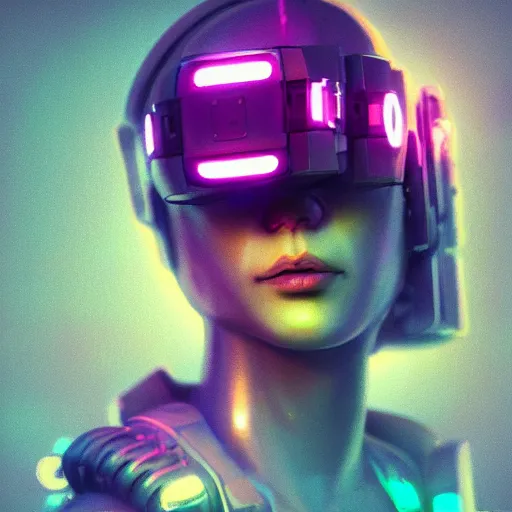 Image similar to cyberpunk concept cool girl cyborg bot, cinema 4 d, galaxy, ufo, space sci - fi, wearing vr goggles, illustration, portrait, pastel neon textured background night, trending on artstation, greg rutkowski, octane rendered, 1 2 k, detailed,