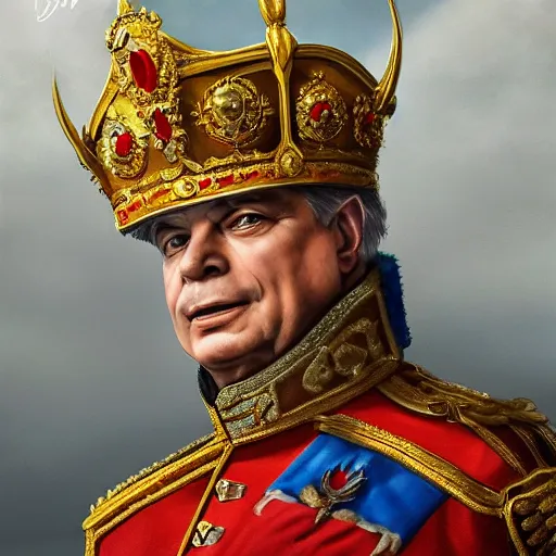 Image similar to an extremely realistic portrait depicting the coronation of viktor orban dressed in royal national costume, on the frozen danube, detailed, intricate, elegant, highly detailed, hyper realistic face, digital painting, artstation, concept art, smooth, sharp focus, illustration,