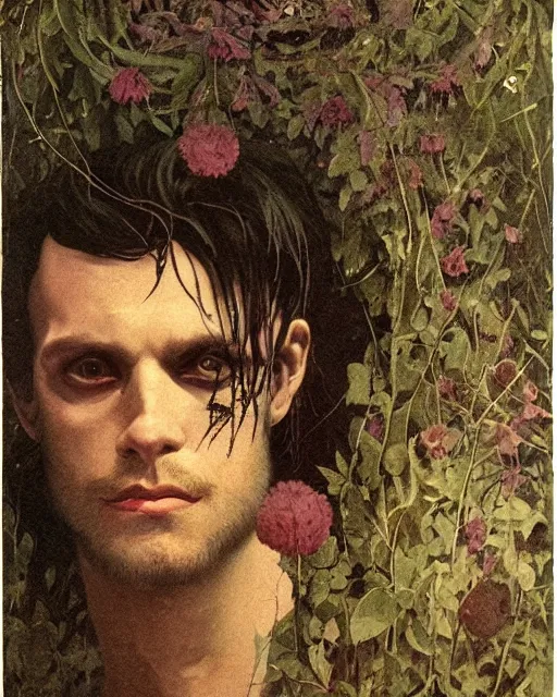 Prompt: a handsome but sinister and creepy man in layers of fear, with haunted eyes, violence in his eyes, 1 9 7 0 s, seventies, delicate embellishments, a little blood, woodland, moonlight shining on wildflowers, painterly, offset printing technique, by alexandre cabanel