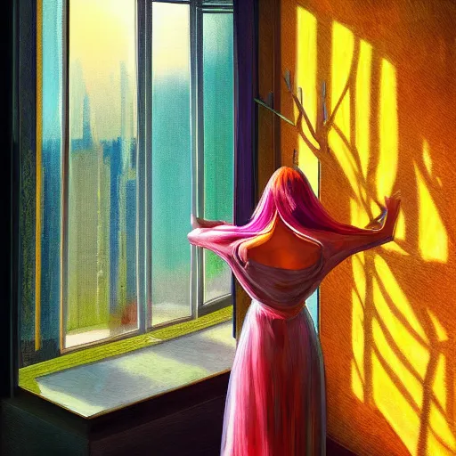 Prompt: giant flower under head, woman next to modern windows, luxury apartment, surreal photography, dramatic light, impressionist painting, digital painting, artstation, arthur adams