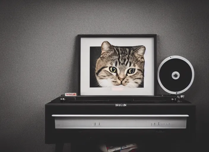 Image similar to photography of a Cat sitting on a record player. in a room full of posters, photorealistic, raining award winning photo, 100mm, sharp, high res